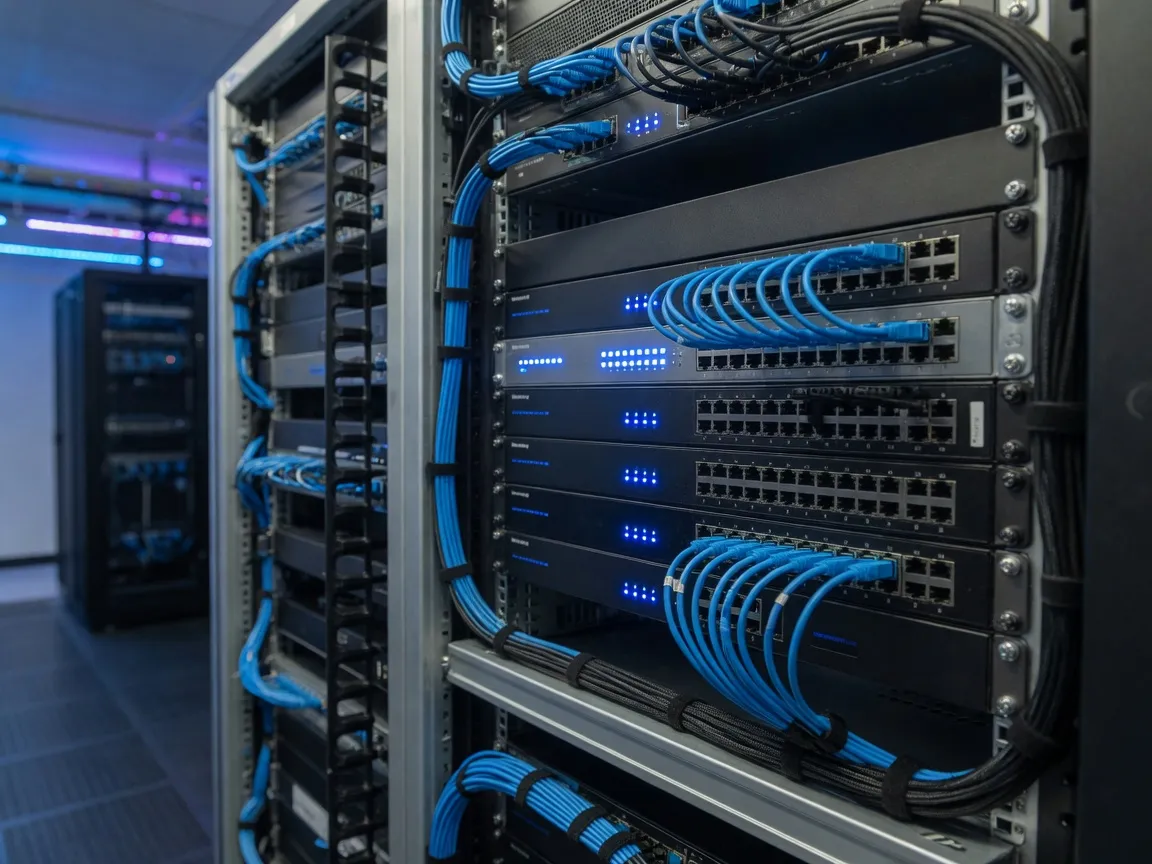 Enterprise firewall and switching rack with organized cabling